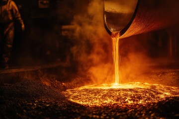 Aufkleber - Molten metal flows into casting molds, creating intense flames and sparks in a bustling industrial environment. Generative AI