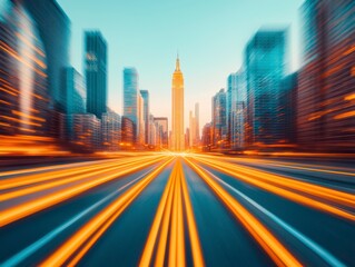 Wall Mural - Cityscape Speed Blur Skyscrapers and Highway at Dawn