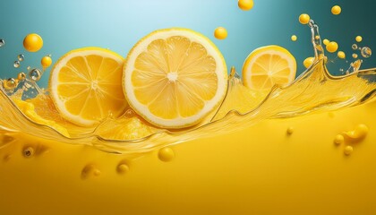 Canvas Print - Refreshing lemon slices splashing into a vibrant yellow juice.