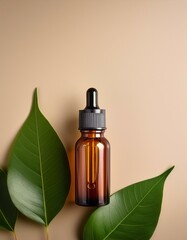 Wall Mural - Amber bottle of essential oil with green leaves.