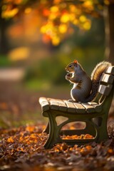 Canvas Print - Squirrel enjoying a snack on a park bench. AI.