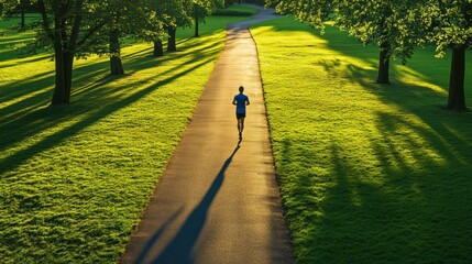 Aufkleber - A runner enjoys a solitary jog on a smooth path in a lush green park surrounded by trees during the peaceful morning hours. Generative AI