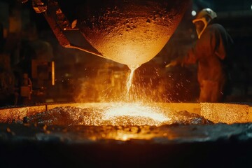 Aufkleber - Workers pour red-hot metal into molds, creating a shower of sparks and flames in the dimly lit industrial hall, showcasing metalworking techniques. Generative AI