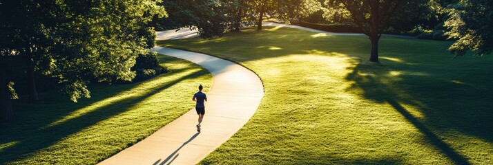 Aufkleber - A runner sprints down a curving path surrounded by lush greenery in the early morning light, enjoying the tranquility of the park. Generative AI