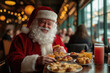 © Vadym - Santa Claus happily eats breakfast at seafood restaurant. Wearing traditional red suit, white beard. Smiles enjoying pastries, juice. Many plates with various pastries, fruits around. Restaurant