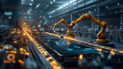 Wall Mural - a photograph of a modern factory floor with a digital overlay of a virtual twin system monitoring ro