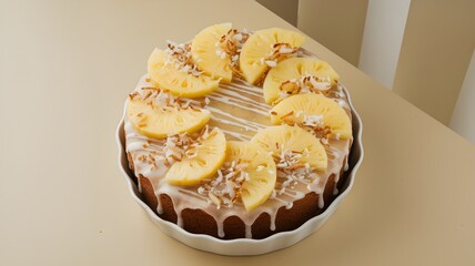 Wall Mural - Minimalistic modern photo of pineapple coconut cake with pineapple slices, toasted coconut flakes, and glaze on a beige surface