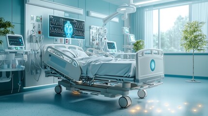 Wall Mural - a photograph of a futuristic hospital ward showcasing a virtual twin overlay of interconnected healt