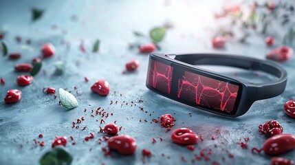 Wall Mural - a photograph showcasing an advanced wearable health device that is linked to a virtual twin simulati