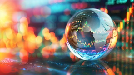 Wall Mural - Crystal ball reflecting global financial market trends sits on a vibrant stock exchange data screen, symbolizing investment analysis, big data, and the interconnected nature of the world economy