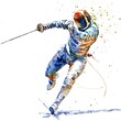 © ubolpun - Dynamic Watercolor Painting of a Foil Fencer in Action.