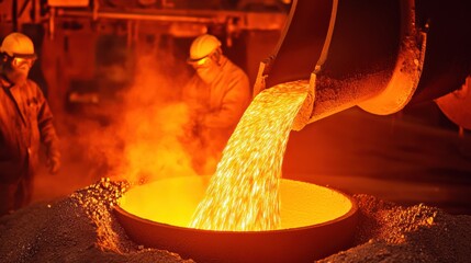 Aufkleber - Metallic liquid flows from a channel into casting molds, creating an intense display of flames and sparks in a large industrial hall. Generative AI