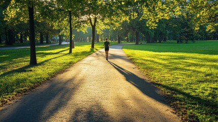 Aufkleber - A solitary runner navigates a serene path in a vibrant green park, illuminated by warm sunlight in the late afternoon. Generative AI