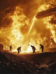 Aufkleber - Workers pour molten metal into casting molds, surrounded by flames and sparks in a bustling industrial environment during nighttime. Generative AI