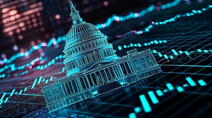 Wall Mural - financial data, government building. a digital representation of a government building overlaid on a