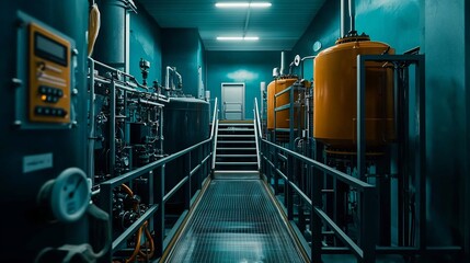 Wall Mural - a photograph of an advanced water treatment facility featuring a virtual twin simulation of water fl
