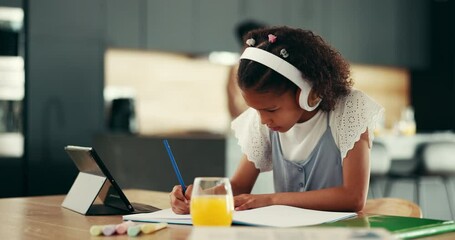 Canvas Print - Child, elearning and family home with tablet, headphones and writing notes for education or studying. Young, girl and student on technology for knowledge, development and growth in math or creativity