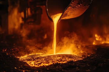 Aufkleber - Molten metal flows from a channel into casting molds, creating sparks and flames in a bustling industrial environment. Generative AI