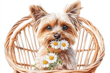 Wall Mural - A cute dog sits in a basket, holding daisies in its mouth, radiating joy and playfulness.