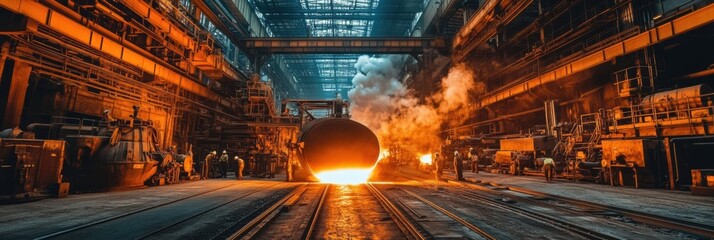 Aufkleber - Metal is being poured into casting molds in a large industrial hall, with flames and sparks illuminating the workspace and surrounding area. Generative AI