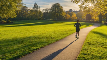 Leinwandbilder - A solitary runner navigates a winding path in a lush green park as the sun sets, creating a serene atmosphere for exercise. Generative AI