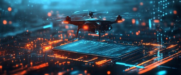 Poster - A futuristic drone hovering above a circuit board with glowing elements.
