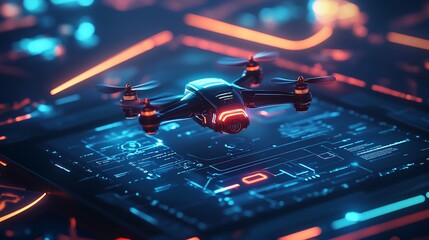Poster - A futuristic drone hovering above a digital interface with neon accents.