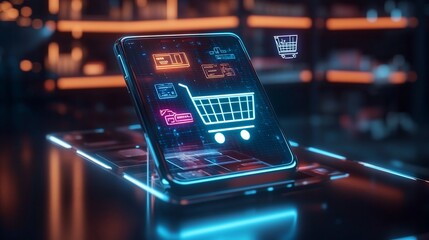 Wall Mural - a futuristic smartphone displaying a digital shopping cart interface.
