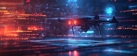 Poster - A futuristic drone hovering in a digital environment with glowing data elements.
