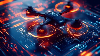 Poster - A futuristic drone hovering over a digital interface with glowing elements.