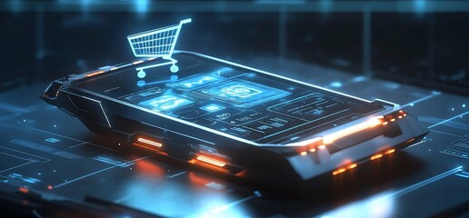 Poster - A futuristic smartphone displaying a shopping cart icon on a digital interface.