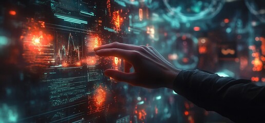 Poster - A hand interacts with a digital interface displaying data and analytics.