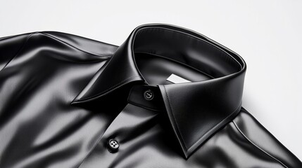 Black collared shirt laid flat, isolated against a white background, buttons and seams in sharp detail, minimal shadow, mock-up for design use