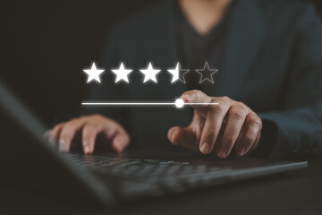 Customer rating and satisfaction survey concept, 5-star best sellers. Service experience rating online review, customer evaluation product service quality, feedback review, reputation ranking score.