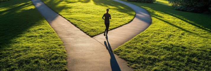 Aufkleber - A solitary runner moves along a tranquil path in a vibrant green park as soft late afternoon light casts long shadows on the ground. Generative AI