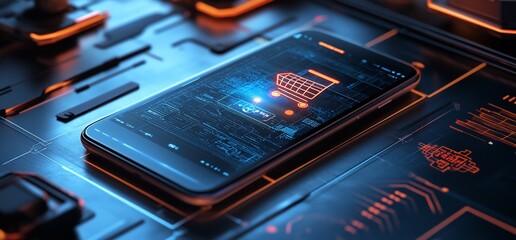 Poster - A smartphone displaying a digital shopping cart on a tech-themed background.
