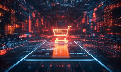 Poster - Digital shopping cart in a futuristic, tech-driven environment.