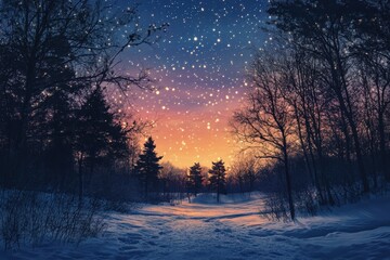 Poster - A serene winter landscape featuring a snowy path illuminated by a colorful sunset and falling snowflakes.