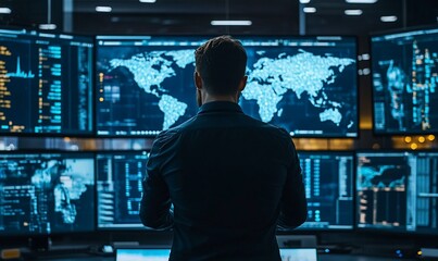 Poster - A person analyzes data on multiple screens in a high-tech control room.