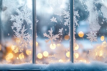 Wall Mural - A beautiful winter scene featuring snowflakes on a window with soft glowing lights in the background.