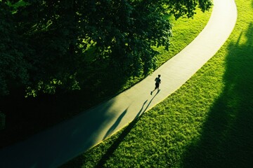 Aufkleber - A solitary runner traverses a winding path in a verdant park, surrounded by vibrant grass and shady trees on a sunny day. Generative AI