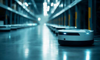 Poster - A robotic device navigating an industrial warehouse aisle.