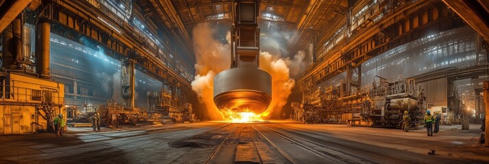Aufkleber - Molten metal is poured into casting molds with flames and sparks lighting up the industrial hall during a manufacturing process. Generative AI