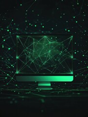 Aufkleber - A glowing network grid surrounds a simple monitor icon in green text, emphasizing the importance of digital connectivity and support in technology. Generative AI