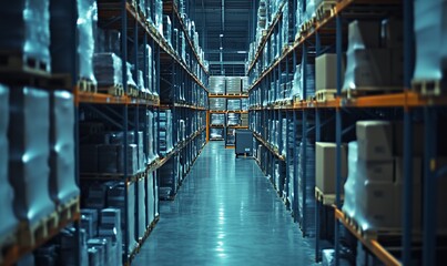 Poster - A spacious warehouse aisle lined with shelves of stacked boxes and pallets.