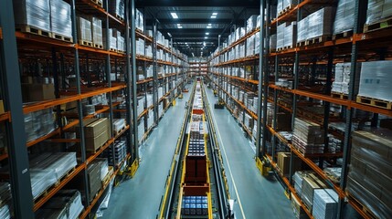 Poster - A spacious warehouse filled with stacked pallets and organized shelving.