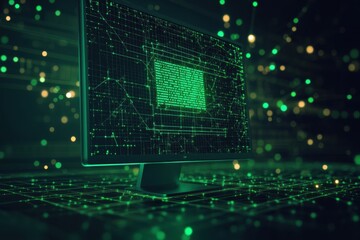 Leinwandbilder - A monitor displays a glowing network grid, highlighting themes of digital support and connectivity with vibrant green hues. Generative AI