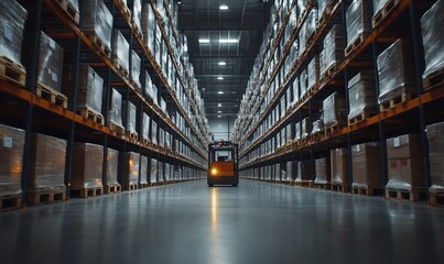 Poster - A warehouse interior with stacked pallets and a forklift in operation.