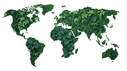 Wall Mural - Green world map made of moss and leaves symbolizing environmental conservation, sustainable development, and global responsibility towards nature