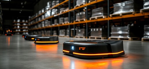 Poster - Automated robots navigating a warehouse for efficient inventory management.